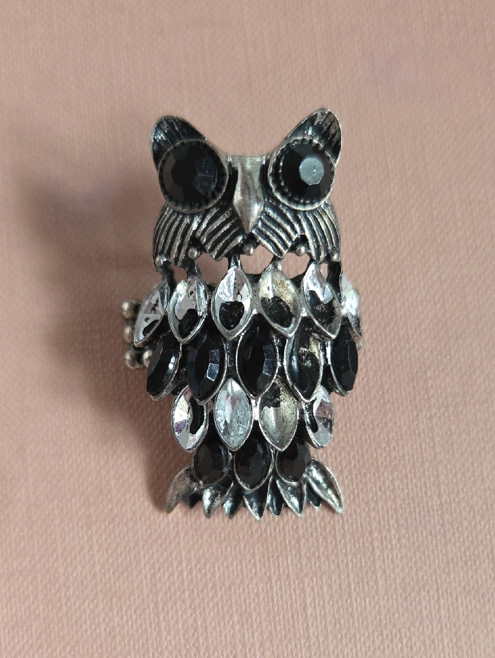 Articulated Silver-Tone Adjustable Crystal Vintage Owl Ring